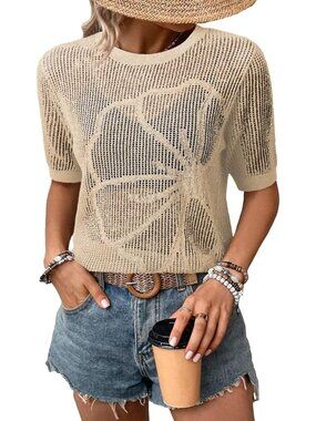 Women Apricot Summer Short Hollow Out Floral Sweaters Beach Vacation Cruise Tops